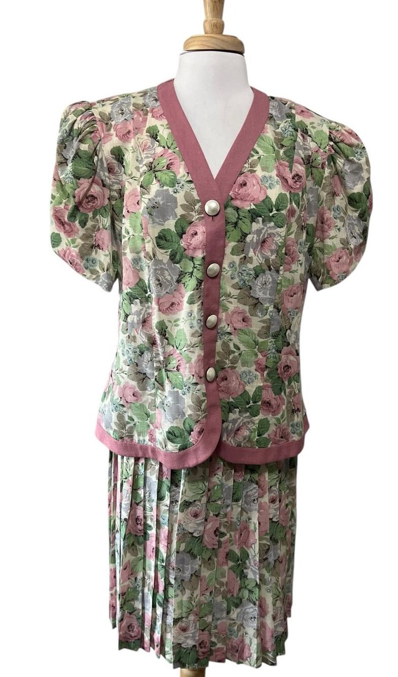 Vintage 80s SL Fashions Skirt Suit Womens 16 Pink Green Cottage Floral Pleated